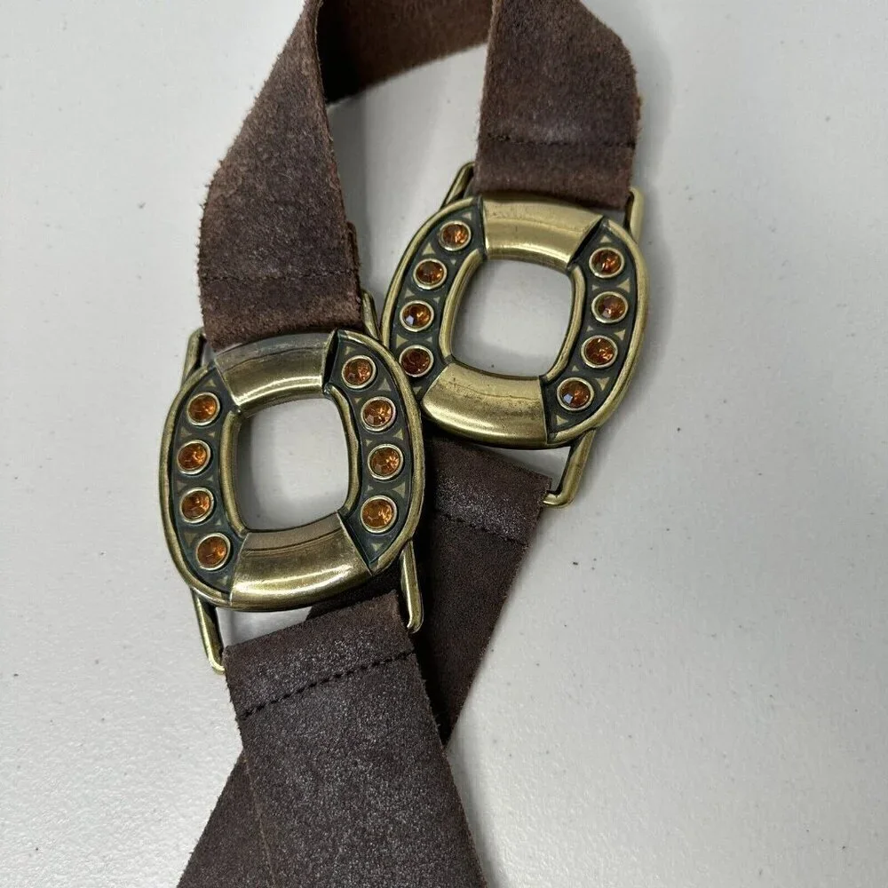 Steve Madden Belt Brown Suede Leather Brass Buckle‎ Rhinestone Size M